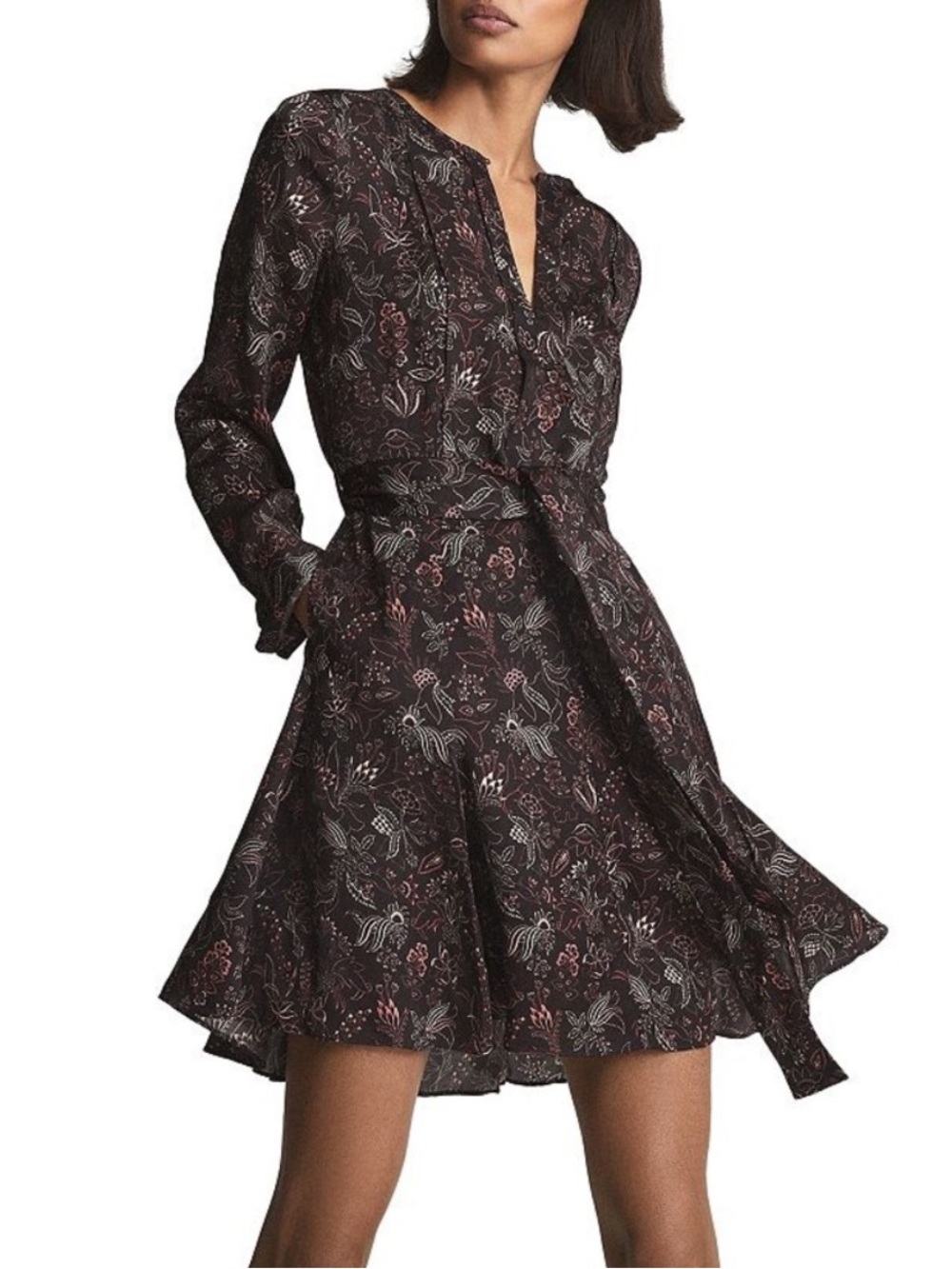 Reiss Black Floral V-Neck Tie-Waist Mini Dress